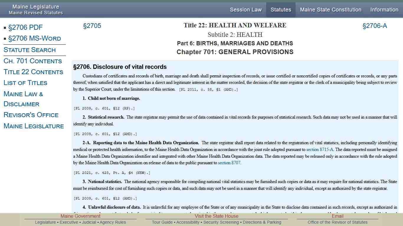 Title 22, §2706: Disclosure of vital records